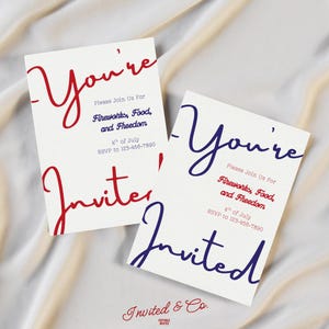 Invitación estética para celebrar el 4 de julio: plantilla personalizable de Canva. Tarjeta manuscrita con fuegos artificiales rojos, blancos y azules para el 4 de julio.