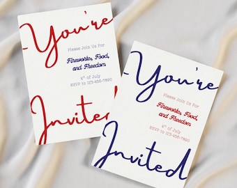 May include: Two white invitation cards with red and blue text. The cards read "You're Invited" in cursive, with details for a 4th of July event: Fireworks, Food, and Freedom. The RSVP number is also included.