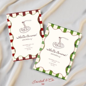 Aesthetic Gingham illustration Birthday Party Invitation - Customizable Canva Template That&#39;s Amore Pasta Party Red Green Hand Drawn
