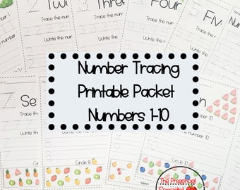 May include: A printable packet of number tracing worksheets for kids. The packet includes worksheets for numbers 1 through 10. Each worksheet has a number to trace, a space to write the number, and a picture of the number of objects. The packet is titled "Number Tracing Printable Packet Numbers 1-10".