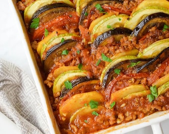 Moussaka‑Ratatouille Fusion Recipe PDF (Cups + Grams) | Printable | Layered Veg & Savory Sauce | Instant Download