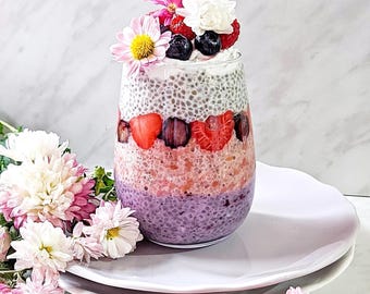 Colorful Chia Pudding Recipe PDF (Cups + Grams) | Printable | Berry “Jam” + Coconut Cream | Instant