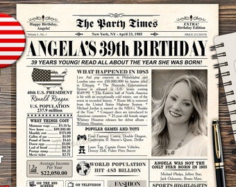 39th Birthday Newspaper Poster, 39th birthday gift for men, gift with photo, back in 1985, Personalized gift Newspaper, in the year 1985