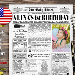 Cartaz de jornal de 2023, presente de primeiro aniversário, ideia de presente personalizado de primeiro aniversário, de volta em 2023, decoração de festa de primeiro aniversário, placa de primeiro aniversário