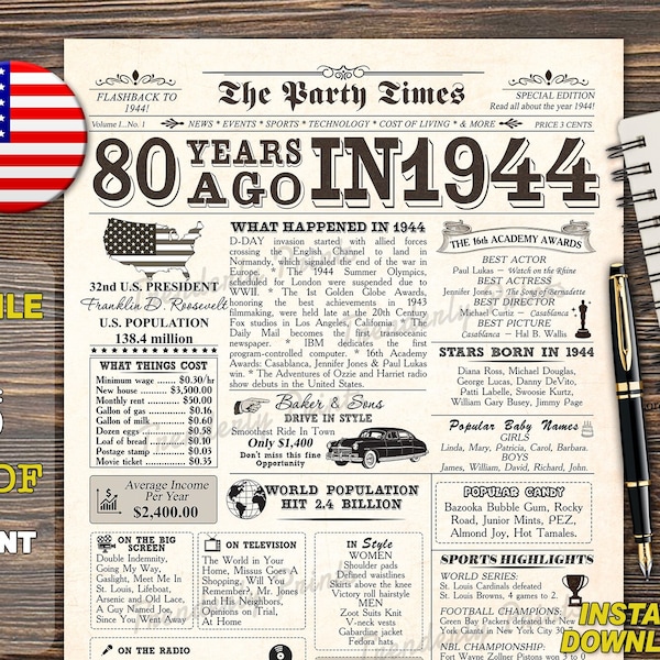 80th birthday newspaper sign, 1944 poster, 80 years ago back in 1944, 80th birthday  decorations, 1944 birthday poster INSTANT DOWNLOAD,