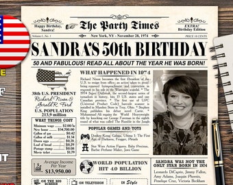 1974 Birthday NEWSPAPER, Back in 1974, Poster for 50th Birthday, 1974 Party Decoration Sign, AUTHENTIC Look Born in 1974, Poster with photo