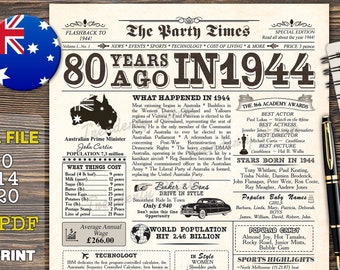 80th Birthday Gift, 1944 Printable Poster Australian fact, 1944 birthday poster, 80th Birthday Newspaper, Back in 1944 AU, INSTANT DOWNLOAD