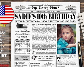 10th birthday newspaper poster sign, 10 year old birthday gift, 10 years ago, back in 2014 fun facts, 10th birthday gift idea, time capsule