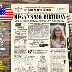 45th Birthday Newspaper Poster Sign, Back in 1979, 45th birthday gift for men or women, Personalized 1979 Birthday Party Sign PRINTABLE