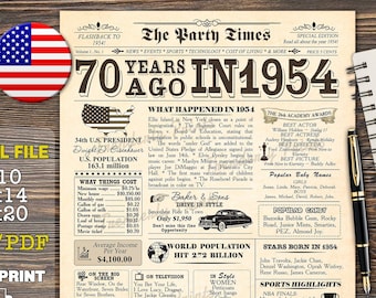 1954 poster, 70th birthday decoration, 70th birthday newspaper sign, 70 years ago back in 1954, 1954 birthday poster INSTANT DOWNLOAD