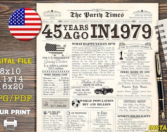 Back in 1979 Party Sign, Personalized Poster For 45th Birthday Party, Newspaper With Fun Facts, Gift Idea For Men Or Women, Digital Board