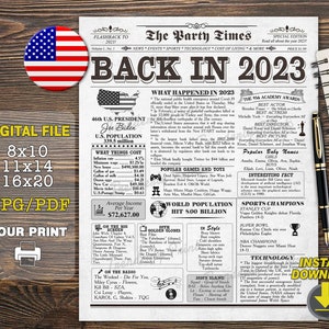 De volta em 2023, curiosidades jornalísticas de 2023, lembrança de aniversário, cápsula do tempo do ano de 2023, pôster de 2023, decoração de festa de primeiro aniversário