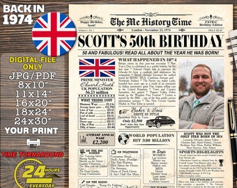 50th Birthday Newspaper Poster, 50th birthday gift for men, gift with photo, back in 1974, BRITISH version, BRITISH facts, UK Newspaper