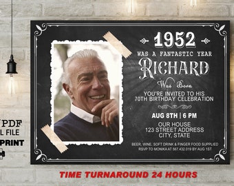 Puede incluir: Invitación a una fiesta de cumpleaños número 70 en estilo de pizarra en blanco y negro con una foto de un hombre. La invitación dice "1952 fue un año fantástico Richard nació. Estás invitado a su celebración de cumpleaños número 70. 8 de agosto | 6 PM. Nuestra casa 123 Street Address City, State. Cerveza, vino, refrescos y aperitivos incluidos. RSVP a Monika al 567.432.019 antes del 1 de agosto. Tiempo de respuesta 24 horas."