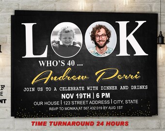 Puede incluir: Invitación a una fiesta de cumpleaños negra y dorada con el texto "LOOK WHO'S 40... Andrew Perri" y dos fotos de la persona que cumple años a diferentes edades. La invitación incluye la fecha, la hora y el lugar de la fiesta. También se incluye información de RSVP.