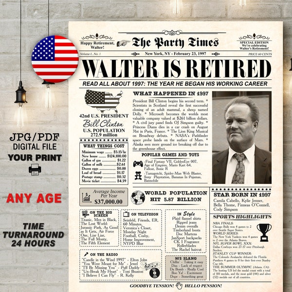 History Newspaper, Retirement Gift for Men or Women, Work Anniversary Gift, Retirement Poster Sign, Retirement Party Decoration, ANY YEAR