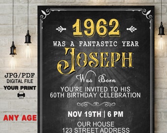 60th Birthday Invitation, Chalk Birthday Invite, Men's Birthday Invitation, Surprise Birthday Invite, 60th Birthday Invite, Any Age Invite