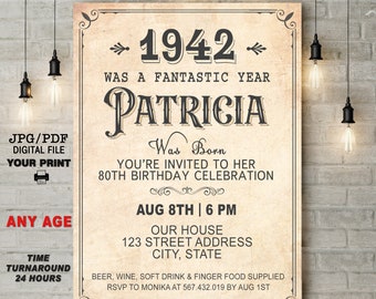 May include: A vintage-style 80th birthday party invitation for Patricia. The invitation features a brown background with a white border and text that reads "1942 was a fantastic year Patricia was born You're invited to her 80th birthday celebration Aug 8th | 6 PM Our house 123 Street Address City, State Beer, wine, soft drink & finger food supplied RSVP to Monika at 567.432.019 by Aug 1st".