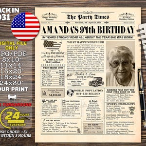 94th Birthday Sign, Back in 1931 Poster, 94 Birthday Gift Party, 94th Birthday Newspaper, 94th Birthday Gift Idea, born in 1931 newspaper