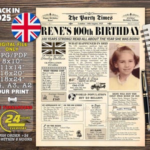Regalo de cumpleaños número 100 para abuela o abuelo, póster de periódico de 1925 del Reino Unido, regalo de cumpleaños personalizado para bisabuela o bisabuelo, británico