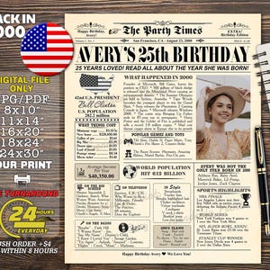 25th Birthday Newspaper Poster, Back in 2000, 25th Birthday Gift, 2000 Poster, 25th Newspaper Sign, 25th Party, Digital Newspaper Printable