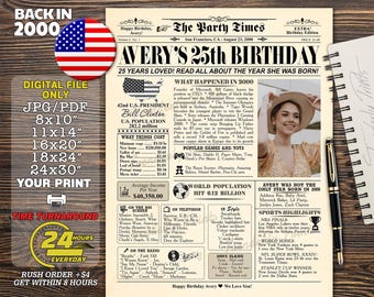 25th Birthday Newspaper Poster, Back in 2000, 25th Birthday Gift, 2000 Poster, 25th Newspaper Sign, 25th Party, Digital Newspaper Printable