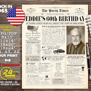 60th Birthday Gift for Man or Woman, 60th Birthday Newspaper Poster Sign, 60th Birthday Party Decorations, Back in 1965