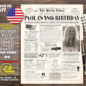 1977 poster, 48th birthday decorations, 48th birthday newspaper sign, 1977birthday poster, 48 years ago, back in 1977, 48th Birthday Gift