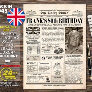 80th Birthday Newspaper, 80th Birthday Poster, UK Version 1945, 1945 Birthday Poster, British Edition, Back in 1945, 80th Birthday Gift