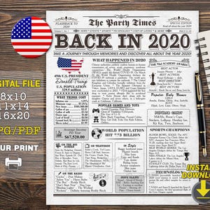 Em 2020, Curiosidades Jornal 2020, Cartaz de Jornal de Aniversário Cápsula do Tempo, Cartaz 2020, Decoração de festa de primeiro aniversário