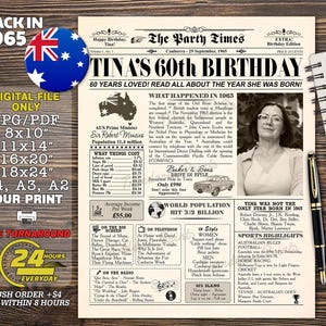 1965 AUSTRALIA, 60th birthday newspaper print Australian, 1965 birthday poster, 60 years ago back in 1965 print Aussie, 60th birthday gift