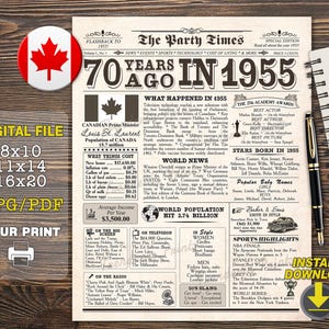 Krantenbord 70e verjaardag Canadees, 1955 CANADA, 70 jaar geleden in 1955, decor 70e verjaardag, 1955 verjaardagsposter INSTANT DOWNLOAD