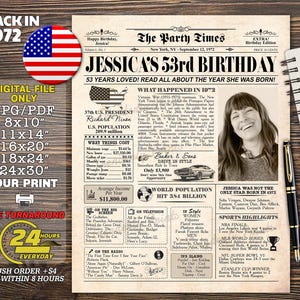 Back in 1972, 53rd Birthday Printable Sign, 1972 Birthday Poster, 53 Years Ago Back In 1972, 1972 newspaper, 1972 Birthday Board, ANY AGE