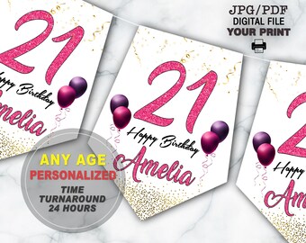 Custom Happy 21st Banner, 21st Birthday Banner, 21st Birthday Party Decor, 21 Decorations, Personalized 21st Name Sign, 18th birthday banner