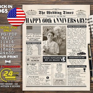 60th Anniversary Gift for Grandparents, Back in 1965 Newspaper Poster Sign PRINTABLE, Couple gift, Gift for husband and wife ANY YEAR