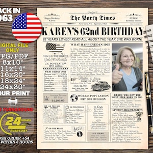 Dekoration für die Geburtstagsparty, 50er, 60er, 30er, 40er, 70er, Geburtstagsgeschenk für Frauen und Männer, Zeitungsschild, vor 62 Jahren, damals 1963