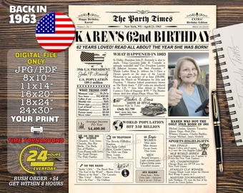 Birthday party decoration, 50th, 60th, 30th, 40th, 70th, birthday gift for women and men, Newspaper sign, 62 years ago, back in 1963