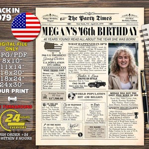 1979 年の誕生日ポスター、パーソナライズされた 46 歳の誕生日プレゼント、1979 年の新聞看板、米国での 46 年前、あなたが生まれた年の装飾