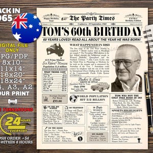 60歳の誕生日ポスター オーストラリア版、60年前のオーストラリアの新聞、1965年の写真付きパーソナライズされた新聞ページ、1965年当時