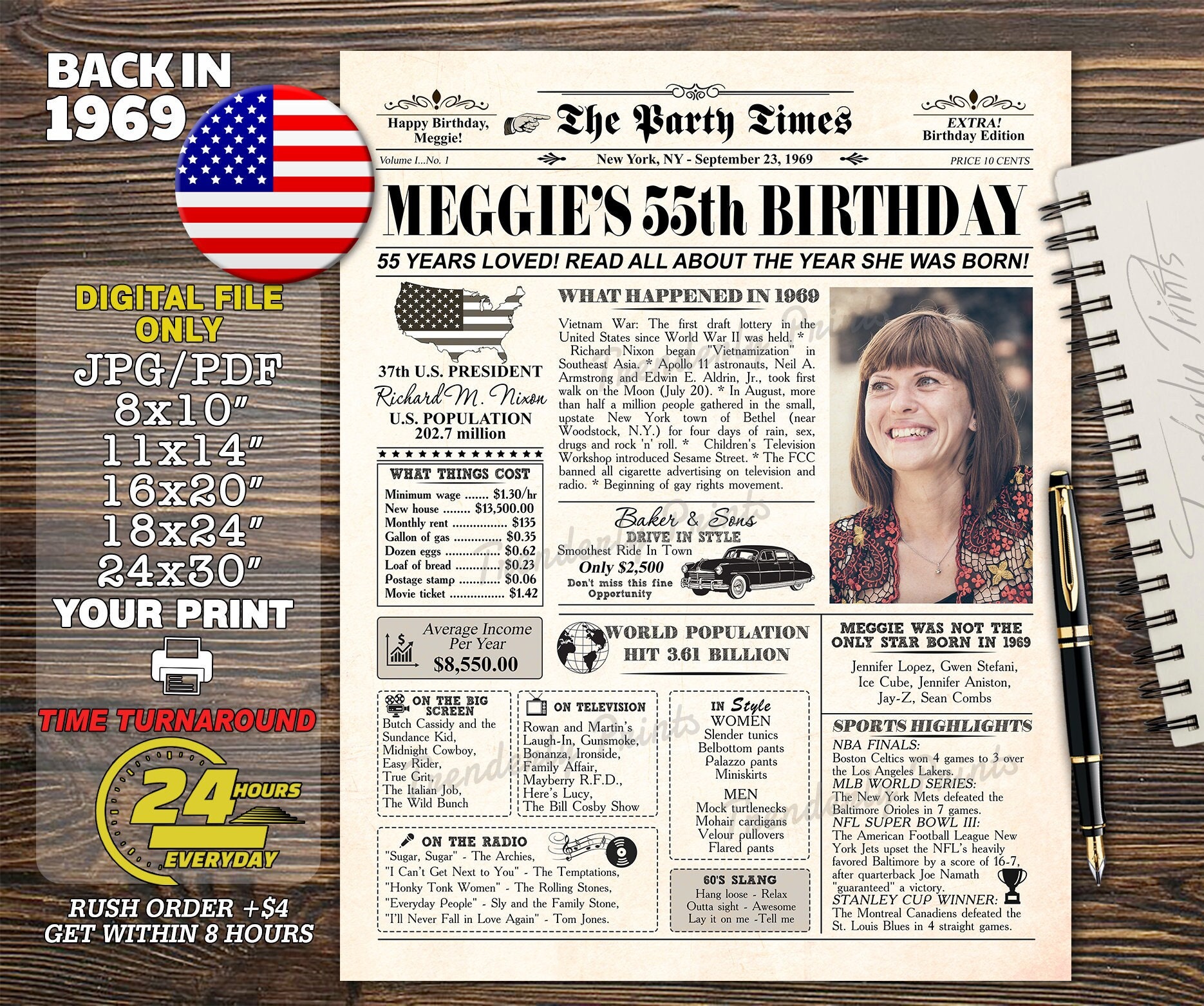 1969 Newspaper, 55th birthday gift for men or women, back in 1969, 55th birthday newspaper poster PRINTABLE, Adult bday party decorations