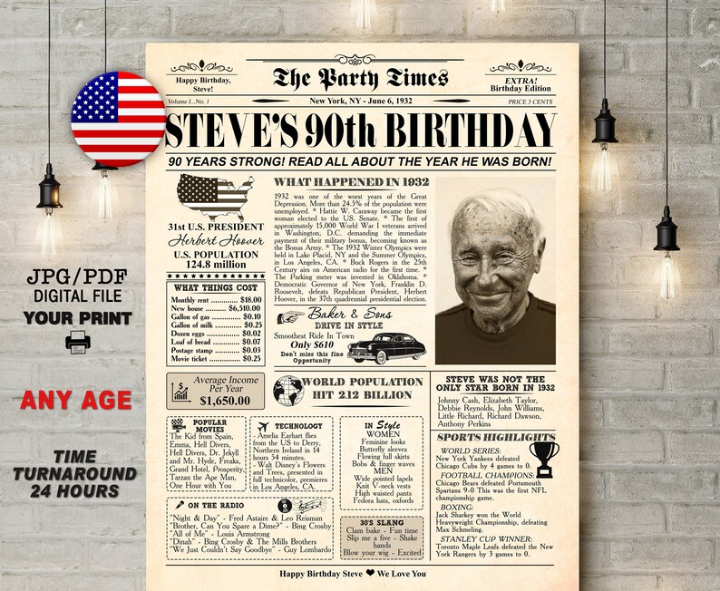 1932 Birthday NEWSPAPER Poster for 90th Birthday, 1932 Facts for 90th Adult Birthday, AUTHENTIC Look Printable Poster, 90th decoration idea 