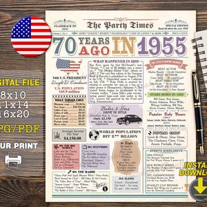 Cartel de 1955, decoración de 70 cumpleaños, cartel de periódico de 70 cumpleaños, hace 70 años en 1955, cartel de cumpleaños de 1955 DESCARGA INSTANTÁNEA