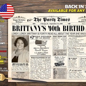 Decoração de festa de 40 anos, no ano de 1985, jogo americano de jornal, jogo americano de curiosidades de 70 anos atrás, decoração de aniversário de 40 anos, pôster de curiosidades