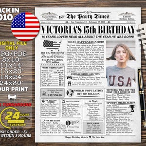 Born in 2010 NEWSPAPER Sign Poster, 15th years ago, 2010 birthday board 2010 decoration Flashback to 2010 Birthday Poster, Time Capsule 2010