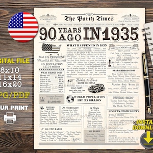 Cartel de 1935, cartel de periódico del 90.° cumpleaños, hace 90 años en 1935, decoraciones del 90.° cumpleaños, cartel de cumpleaños de 1935 DESCARGA INSTANTÁNEA