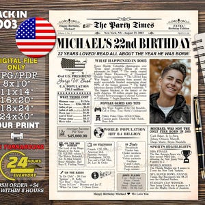 22 Geburtstag Geschenk für Sie, Zurück im Jahr 2003, Zeitung Mit Lustigen Fakten 2003, 22 Geburtstag Party Dekoration Poster, Personalisierte Geschenkidee
