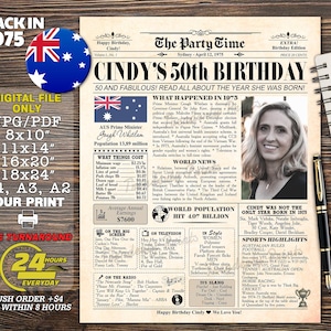 1975 AUSTRALIA 50th Birthday Newspaper Australian, 50th Birthday Gift, 1975 Birthday Poster 50 Years Ago Back in 1975, 50th Anniversary sign