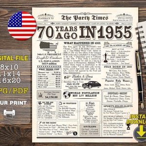 Cartel de 1955, decoración de 70 cumpleaños, cartel de periódico de 70 cumpleaños, hace 70 años en 1955, cartel de cumpleaños de 1955 DESCARGA INSTANTÁNEA