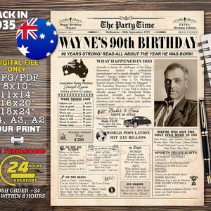 Back in 1935 Australia, 90th Birthday Sign Australian Facts, 90th Birthday Gift, 1935 Gift Idea, 90 years ago, 1935 Newspaper Australia