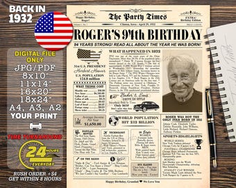 94th Birthday Newspaper Poster, Born in 1932 (Digital Download)